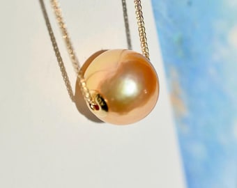 Coral Golden Floating Freshwater Pearl Necklace: Solid 18k Gold Pin-End Chain, Dainty, 11.7mm, AAA