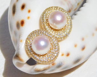 8.9mm Cluster Akoya Pearl Stud Earrings | Japanese Akoya Pearls | Gold Plated Silver | Saltwater Pearls | AAA | CZ Details | White | Pink