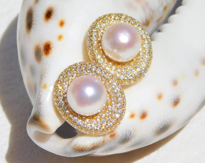 8.9mm Cluster Akoya Pearl Stud Earrings | Japanese Akoya Pearls | Gold Plated Silver | Saltwater Pearls | AAA | CZ Details | White | Pink