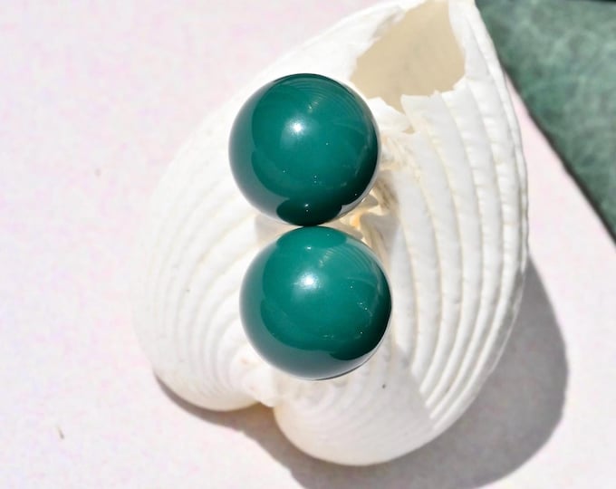 10.1mm Forest Green Turquoise Studs: Solid 18K Gold, Undyed, Round , Hubei Turquoise, Authentic intense Green, AAA+
