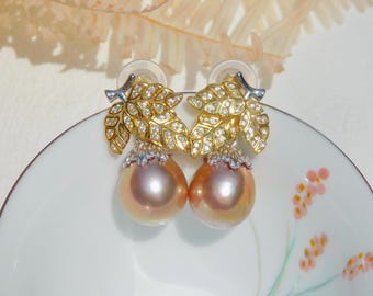 Large Pearl Earrings | Leaf and Branch | Two Tone Gold & Silver | AAA | 13.3mm | Drop Earrings | Freshwater Pearl Earrings | Rose Gold Blush