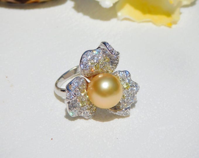 11mm 3D Cluster Flower Ring | Golden South Sea Pearl Ring | Cluster Ring | Gold Plated Sterling Silver | 7.25 US | AAA | Statement Ring