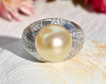 12.4mm Light Golden South Sea Pearl Ring: White Gold Plated Sterling Silver, AAA, 7 US Size