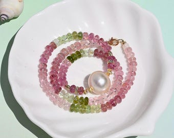 Watermelon Tourmaline & Golden South Sea Pearl Necklace: Solid 18K Gold, 5-5.3mm Natural Gemstone, 14.75 Inch