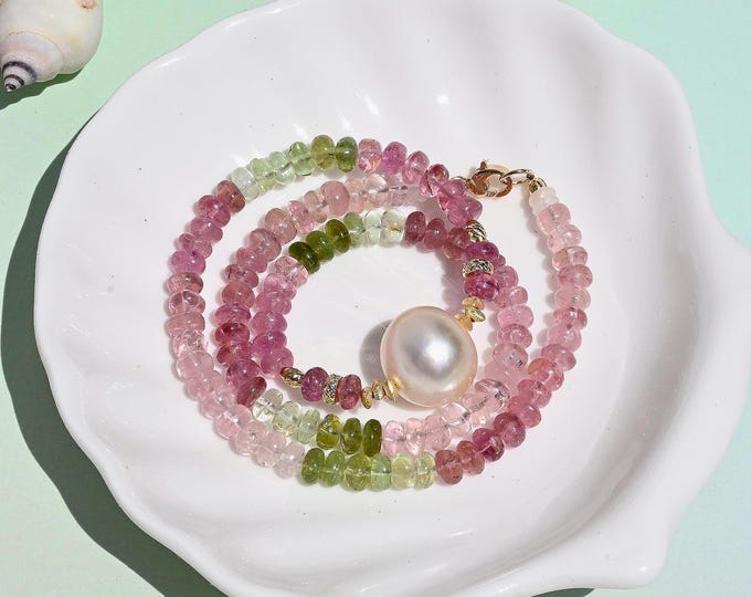 Watermelon Tourmaline & Golden South Sea Pearl Necklace: Solid 18K Gold, 5-5.3mm Natural Gemstone, 14.75 Inch