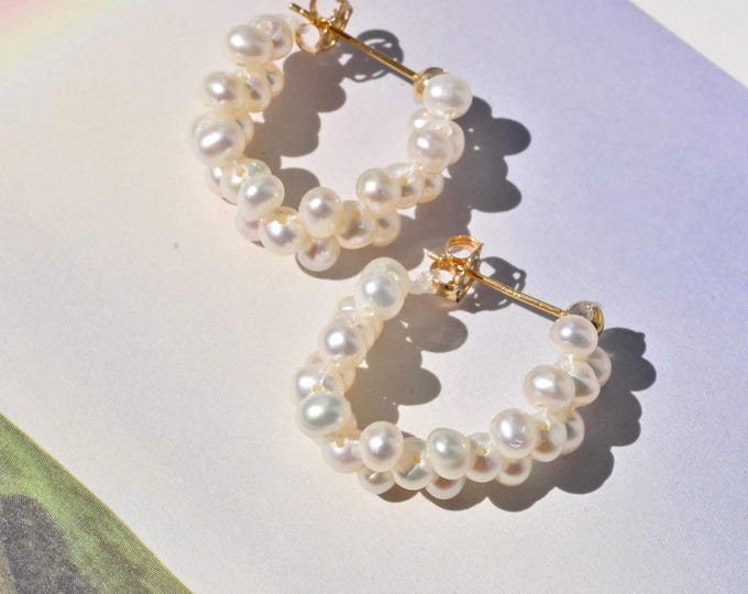 Freshwater Keshi Pearl Braided Hoop Earrings: 3.5mm-4mm, Solid 18K Gold, Soft Pearl Hoops, Bridal Pearl Jewelry