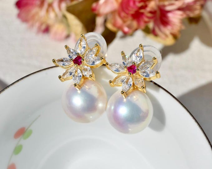 Cluster Flower Pearl Drop Earrings: Vermeil, AAA+, Freshwater Pearls, 12.2mm