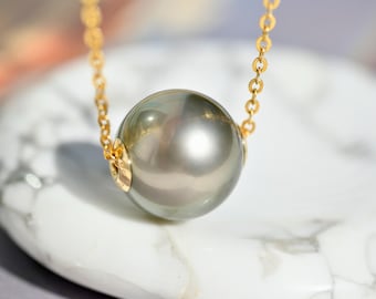 Floating Tahitian Pearl Necklace: Pastel Grey Green, 11mm, Solid 18K Gold Chain, AAA Luster, Dainty