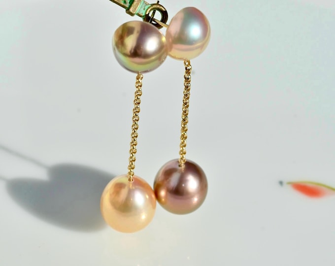 Mismatched Long Drop Earrings: Double Pearls, Solid 18K Gold, Blush Gold, Mauve Gold, AAA+, 2'' Long