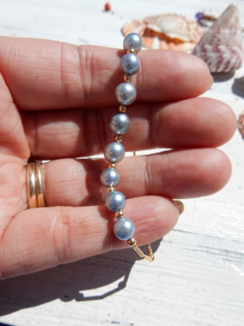 Akoya Pearl Bracelet Saltwater Pearls Japanese Pearl 18K Gold Tube Bracelet Ready to Ship Silver Blue Grey