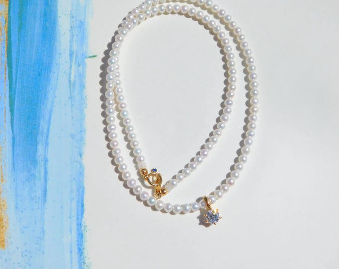 3.5mm Freshwater Pearl Necklace With Moissanite Enhancer Pendant | Solid 18k Gold | AAA+ | Au750 | 16.25 Inches | Stacking | Layering