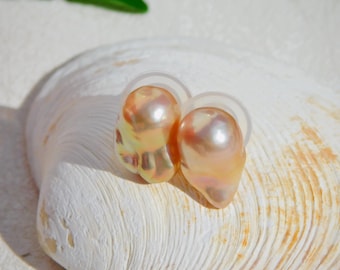 Super Metallic Baroque Pearl Studs | Freshwater Pearl Studs | Golden Peach | Solid 18k Gold Studs | Metallic Luster | Ultimate | 10mm*15mm