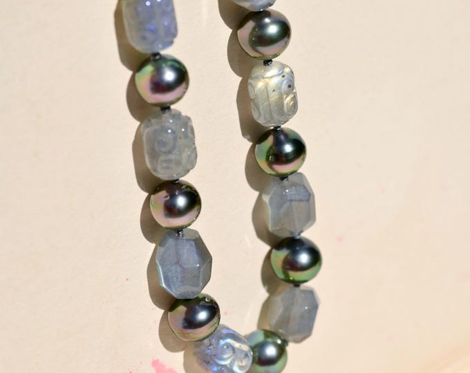 Gray Blue Moonstone & Tahitian Pearl Necklace: Solid 14K White Gold Clasp, Hand Carved, AAA, Blue Grow 18 Inch