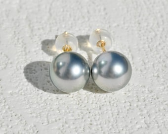 8.5mm Tahitian Pearl Studs: Solid 18K Gold, Light Gray, Saltwater Pearl Earrings