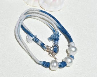 White South Sea Pearl Necklace: Hand Dyed Indigo Cotton Cord, Sterling Silver Toggle Clasp, 17.5 Inch