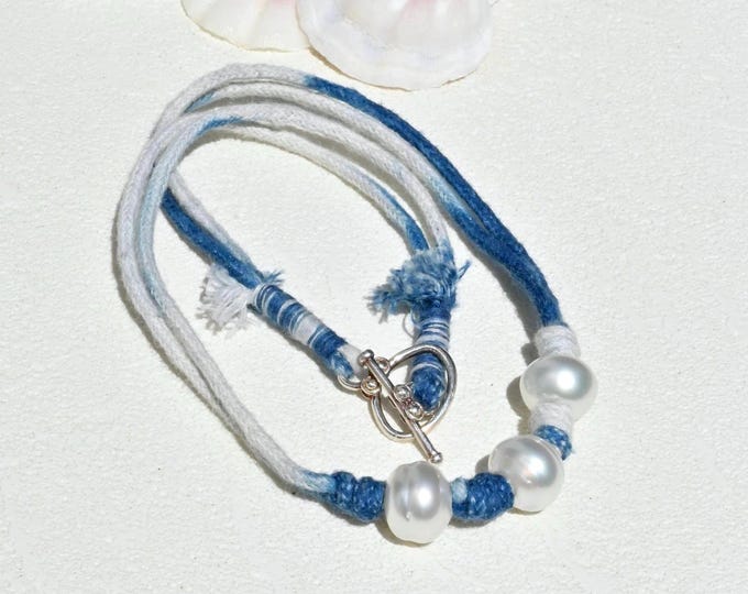 White South Sea Pearl Necklace: Hand Dyed Indigo Cotton Cord, Sterling Silver Toggle Clasp, 17.5 Inch