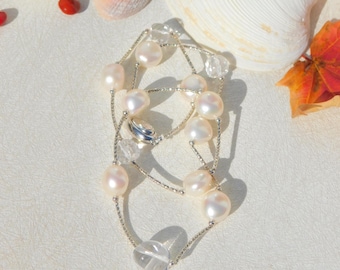 20 Inches Pearls and Crystal Necklace | Sterling Silver Twisted Tube | Wavy Tubes | Pearl and Gemstone | Quartz | Freshwater Pearls | AAA
