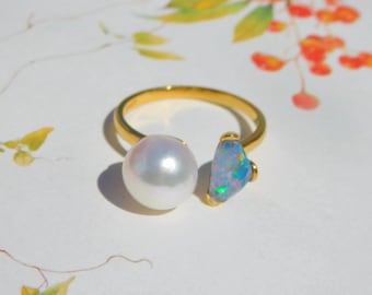 9.2mm Akoya Pearl and Opal Ring | Australian Doublet Opal | AAA |  Open Ring | Baroque | Solid 9k Yellow Gold | Adjustable 7 US to 8 US