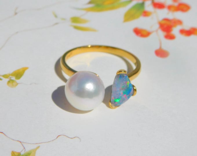 9.2mm Akoya Pearl and Opal Ring | Australian Doublet Opal | AAA |  Open Ring | Baroque | Solid 9k Yellow Gold | Adjustable 7 US to 8 US