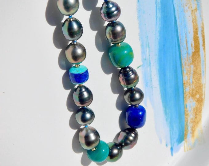 Tahitian Pearl Necklace with Lapis Lazuli and Turquoise: Solid 18k Gold, AAA, Blue, Green, Gemstones
