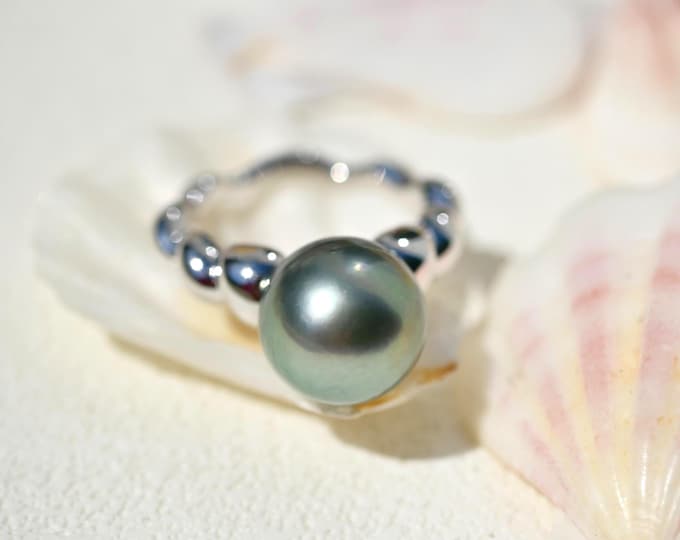Croissant Tahitian Pearl Ring: Sterling Silver, 12.3mm, Gray Green, 8 US Ring Size