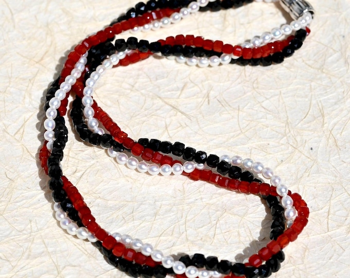Braided Freshwater Pearl, Red Agate & Black Spinel Necklace: Sterling Silver Magnetic Clasp, 17.75 Inches