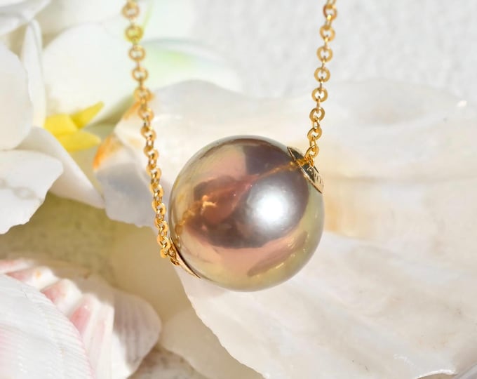 12mm Floating Freshwater Pearl Necklace: Pink Mauve, Solid 18k Gold Pin-End Chain, Dainty, AAA+