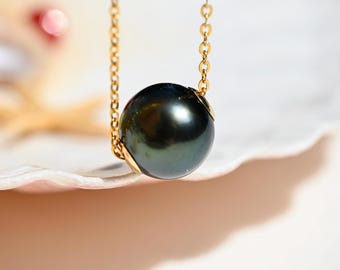 Floating Tahitian Pearl Necklace: Solid 18k Gold, Deep Green Black, Adjustable Chain, 10mm