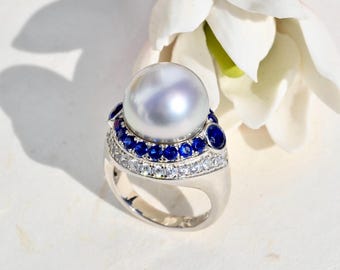 13.6mm Tahitian Pearl Sterling Silver Ring: White Gold Plated, AAA, Light Silver Gray, Blue CZ, 6 3/4 US Size