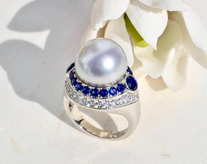 13.6mm Tahitian Pearl Sterling Silver Ring: White Gold Plated, AAA, Light Silver Gray, Blue CZ, 6 3/4 US Size