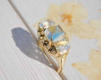 Three Stone Ring | Golden Rainbow Moonstone | Solid 9K Gold Ring | Natural Moonstones | Top Quality |  US 7 Size | Sugarloaf Cabochon