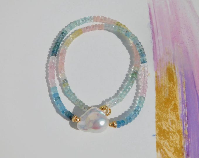 Aquamarine and Morganite Baroque Pearl Necklace | 16mm*20mm | Solid 18kt/14kt Gold | Freshwater Pearl | AAA+ | Gemstone and Pearl | 16.5''