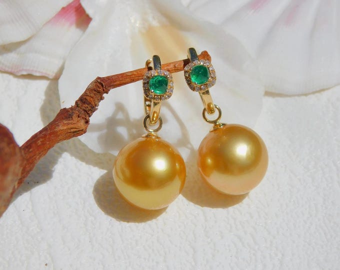 Golden South Sea Pearl Emerald Diamond Hoop Earrings | AAA | Round | Solid 18k Gold | Golden Pearls | Zambian Emerald | Natural Diamonds