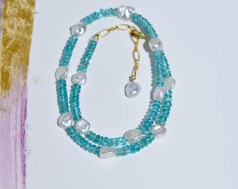 Sky Blue Apatite & Freshwater Keshi Pearl Necklace: Smooth Rondelle, Gold filled Clasp, Adjustable Length