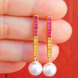 Vermeil Colorful CZ with Japanese Akoya Pearl Earrings AAA 9.2mm Drop Earrings Japanese Saltwater Pearls Hot Pink Yellow image 8