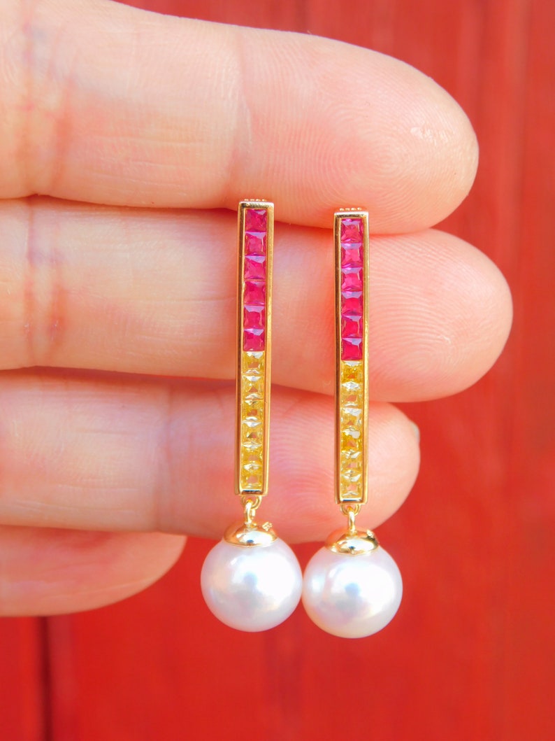 Vermeil Colorful CZ with Japanese Akoya Pearl Earrings AAA 9.2mm Drop Earrings Japanese Saltwater Pearls Hot Pink Yellow image 8