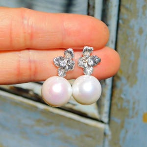 14mm White Freshwater Pearl Textured Leaf Earrings