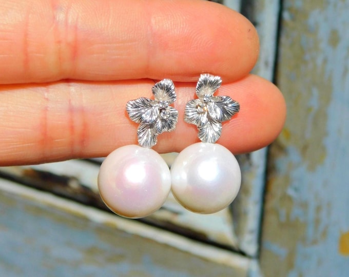 14mm White Freshwater Pearl Textured Leaf Earrings | AAA | Round |  Solid 9K White Gold | Large Pearl Earrings | White with Pink Overtone