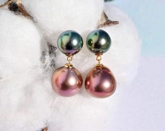 Dual Pearl Drop Earrings: Solid 18K Gold, Gem Peacock Tahitian Pearls, Copper Red Freshwater