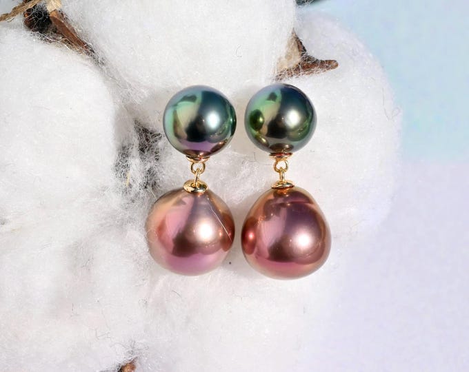 Dual Pearl Drop Earrings: Solid 18K Gold, Gem Peacock Tahitian Pearls, Copper Red Freshwater