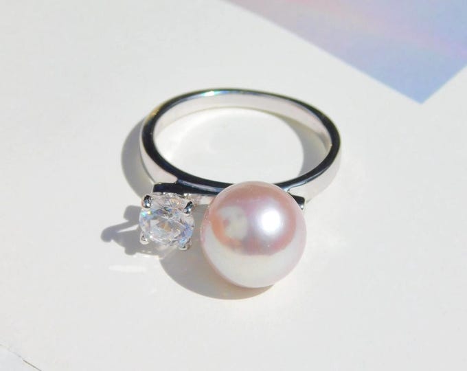 10.4mm Baby Pink Freshwater Pearl Sterling Silver Ring | AAA | Round | Size 7.75 US | White Gold Plated Silver | CZ Ring | Pearl Ring