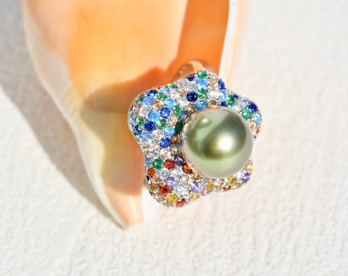 Rainbow Cluster Ring: Tahitian Pearl, Open Ring, 9.3mm, Vivid Pistachio, AAA+, Silver