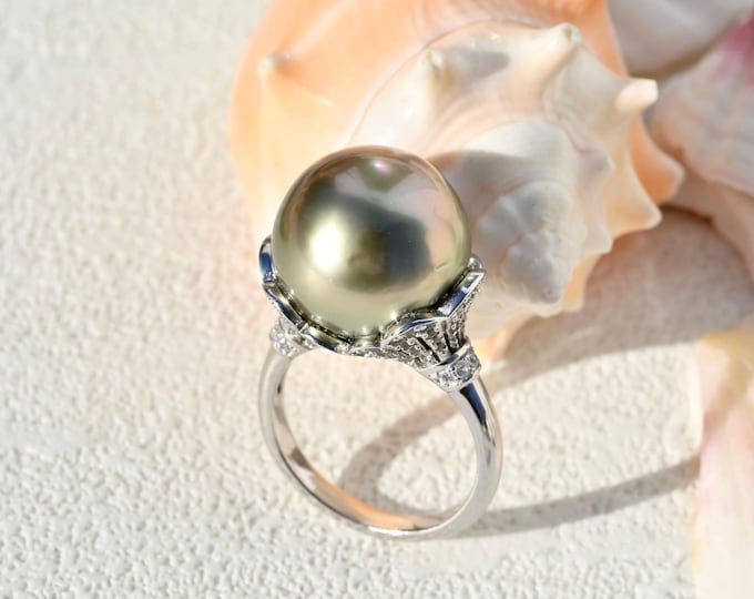 14.7mm Tahitian Pearl Sterling Silver Ring: White Gold Plated, AAA, Pistachio, 6 1/4 US Size