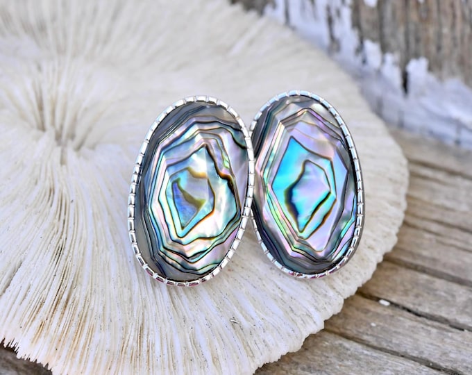 Large Iridescent Abalone Shell Studs: Peacock, Sterling Silver, 30mm*17mm
