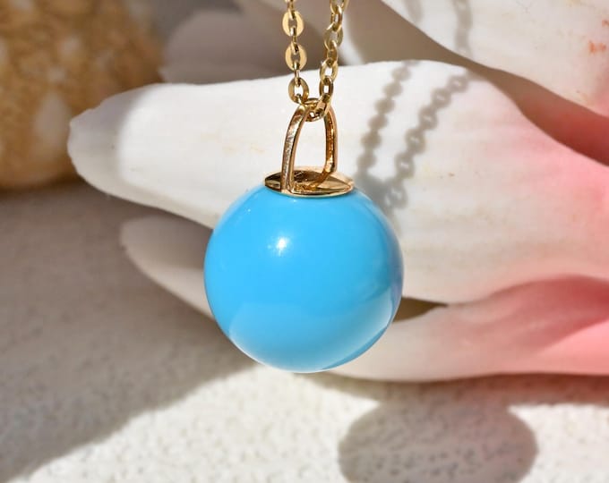 Bright Ocean Blue Turquoise Pendant: Round, 10.2mm, Solid 18K Gold Bail, Charm