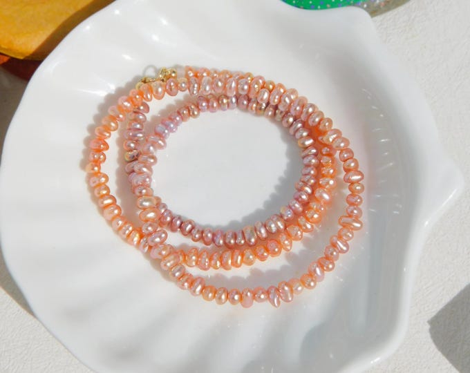 Ombre Tiny Freshwater Keshi Pearl Necklace  | 4mm | Salmon | Mauve | Pink | Solid 18kt Clasp | Soft Tone | AAA+ | 17 Inches | Au750