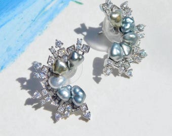 Multi Tahitian Keshi Pearl Stud Earrings | Firework Earrings | Gray | 25mm* 18mm | Tahitian Pearls | AAA | Sterling Silver S925 | Modern