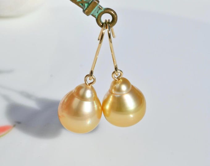 Golden South Sea Pearl Drop Earrings: Solid 18k Gold, AAA+, Baroque Pearls