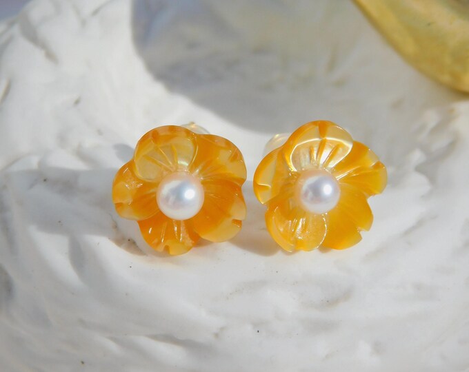 Golden Mother of Pearl Flower | Cherry Blossom | Tiny Freshwater Pearls | 12mm Flower | 4mm | Flower Studs | 18K Gold | White | AAA+