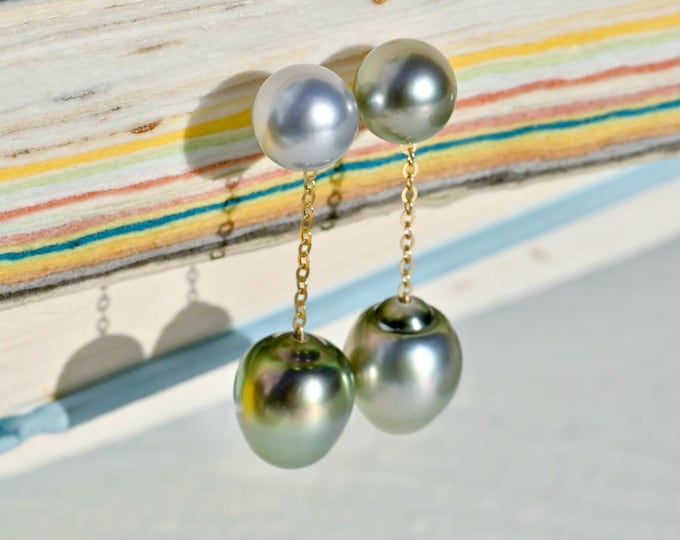 Double Tahitian Pearl Earrings: Mismatched Earrings, Solid 18K Gold, Pastel Color, AAA, Long Dangle